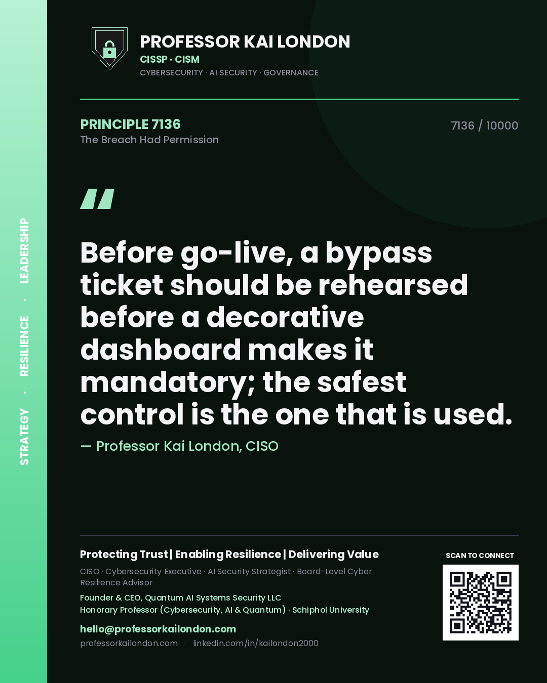 Quote card by Professor Kai London reading 'Before go-live, a bypass ticket should be rehearsed before a decorative dashboard makes it mandatory; the safest control is the one that is used.'. From the book The Breach Had Permission.