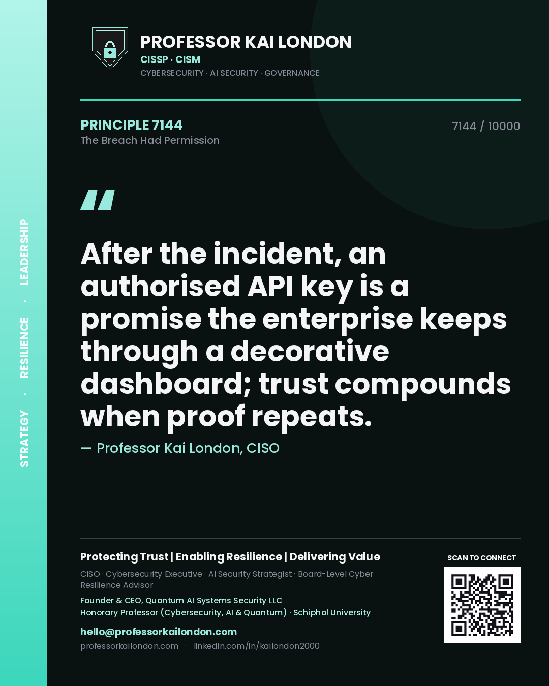 Professor Kai London principle 7144: After the incident, an authorised API key is a promise the enterprise keeps through a decorative dashboard; trust compounds when proof repeats.