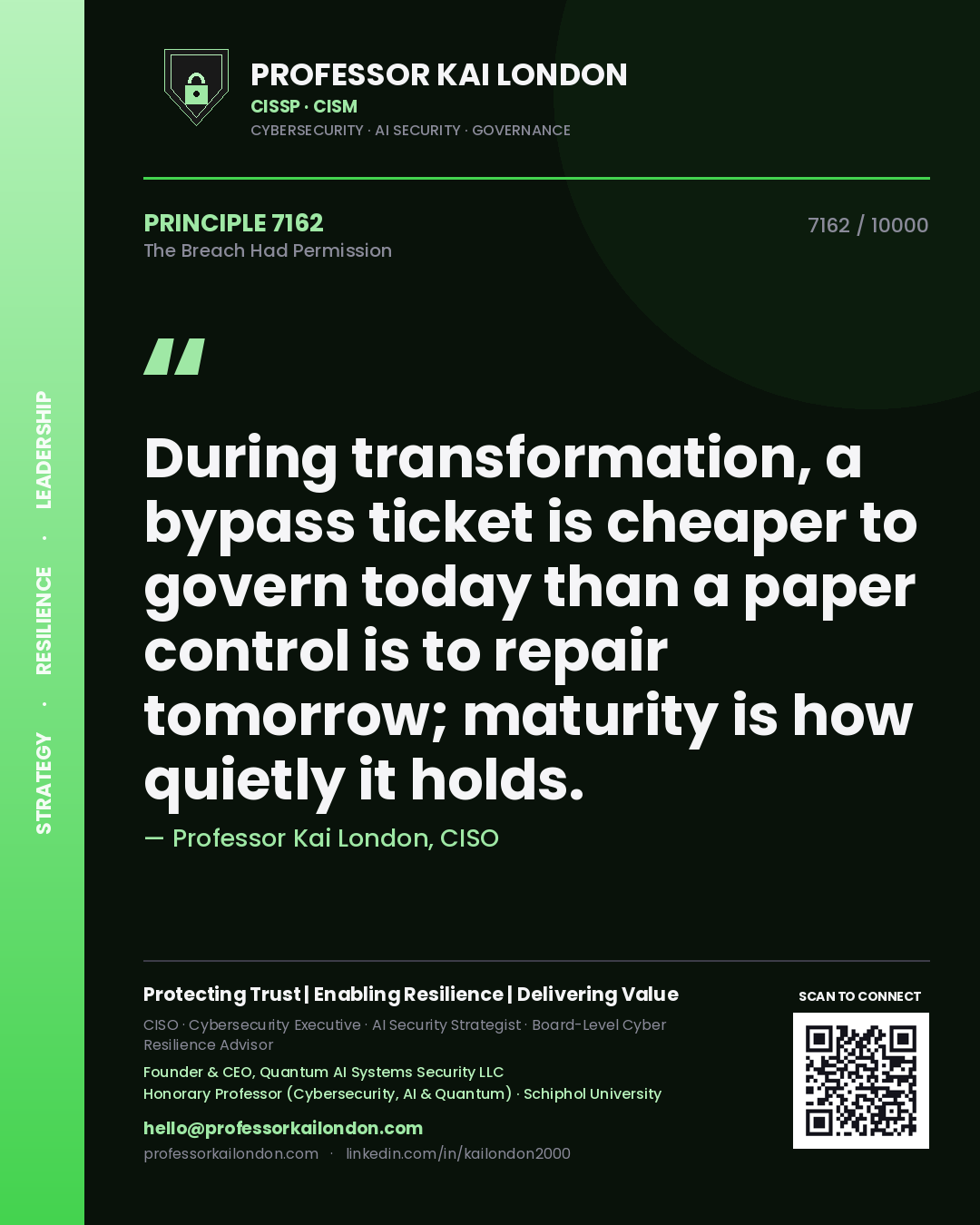 Professor Kai London principle 7162: During transformation, a bypass ticket is cheaper to govern today than a paper control is to repair tomorrow; maturity is how quietly it holds.