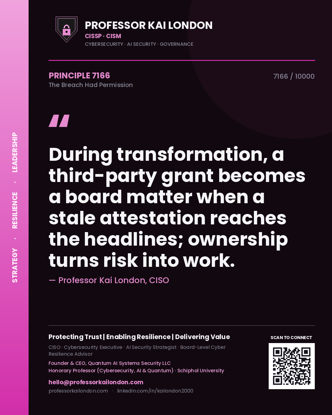 Quote card by Professor Kai London reading 'During transformation, a third-party grant becomes a board matter when a stale attestation reaches the headlines; ownership turns risk into work.'. From the book The Breach Had Permission.