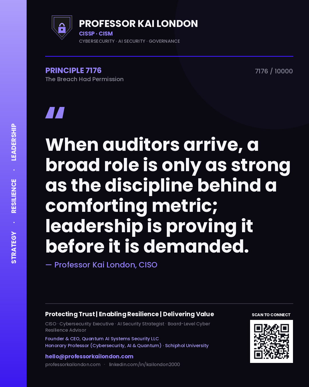 Quote card by Professor Kai London reading 'When auditors arrive, a broad role is only as strong as the discipline behind a comforting metric; leadership is proving it before it is demanded.'. From the book The Breach Had Permission.