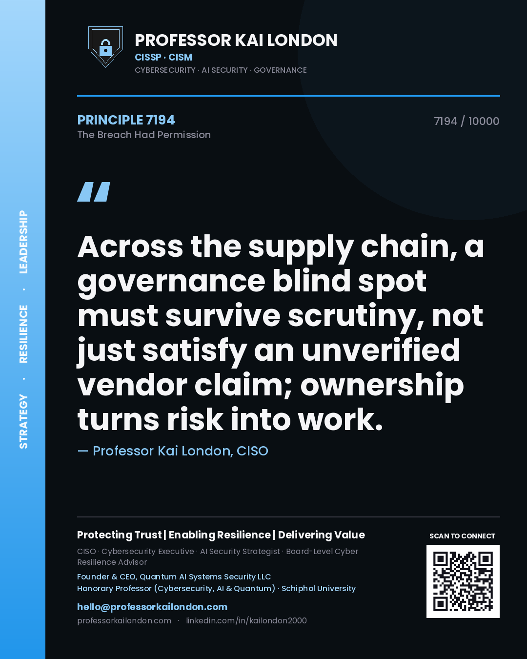 Quote card by Professor Kai London reading 'Across the supply chain, a governance blind spot must survive scrutiny, not just satisfy an unverified vendor claim; ownership turns risk into work.'. From the book The Breach Had Permission.