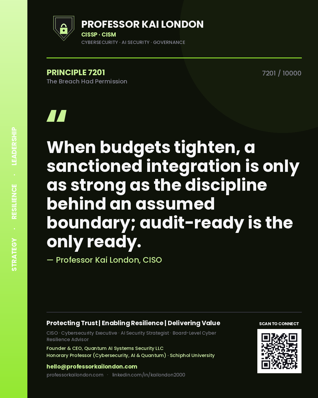 Quote card by Professor Kai London reading 'When budgets tighten, a sanctioned integration is only as strong as the discipline behind an assumed boundary; audit-ready is the only ready.'. From the book The Breach Had Permission.