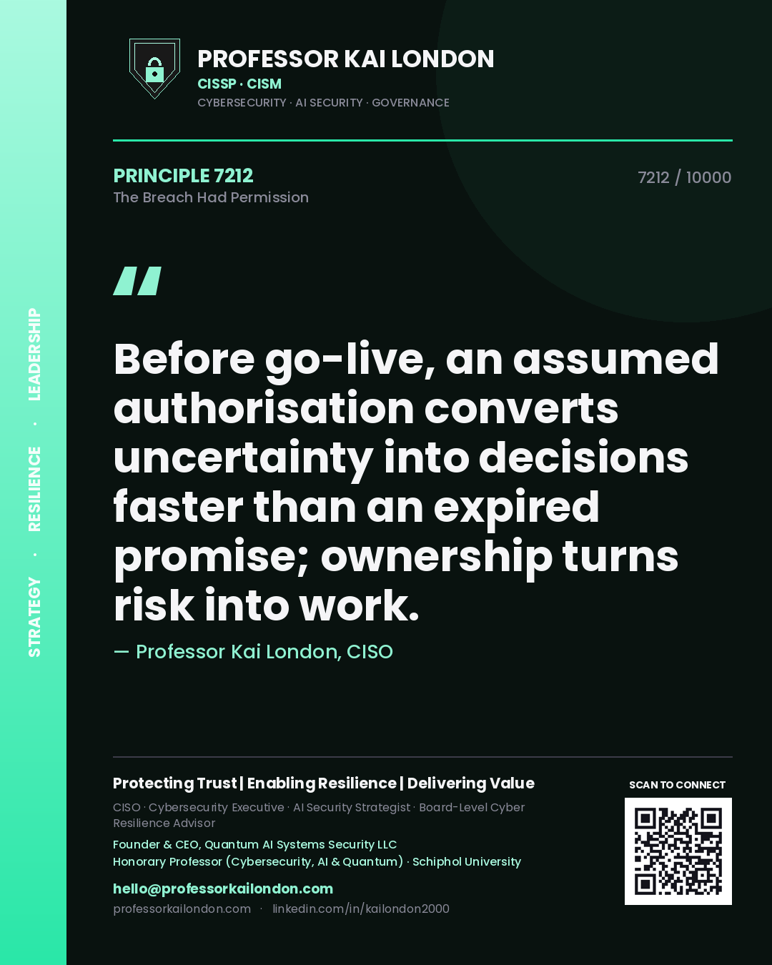 Quote card by Professor Kai London reading 'Before go-live, an assumed authorisation converts uncertainty into decisions faster than an expired promise; ownership turns risk into work.'. From the book The Breach Had Permission.