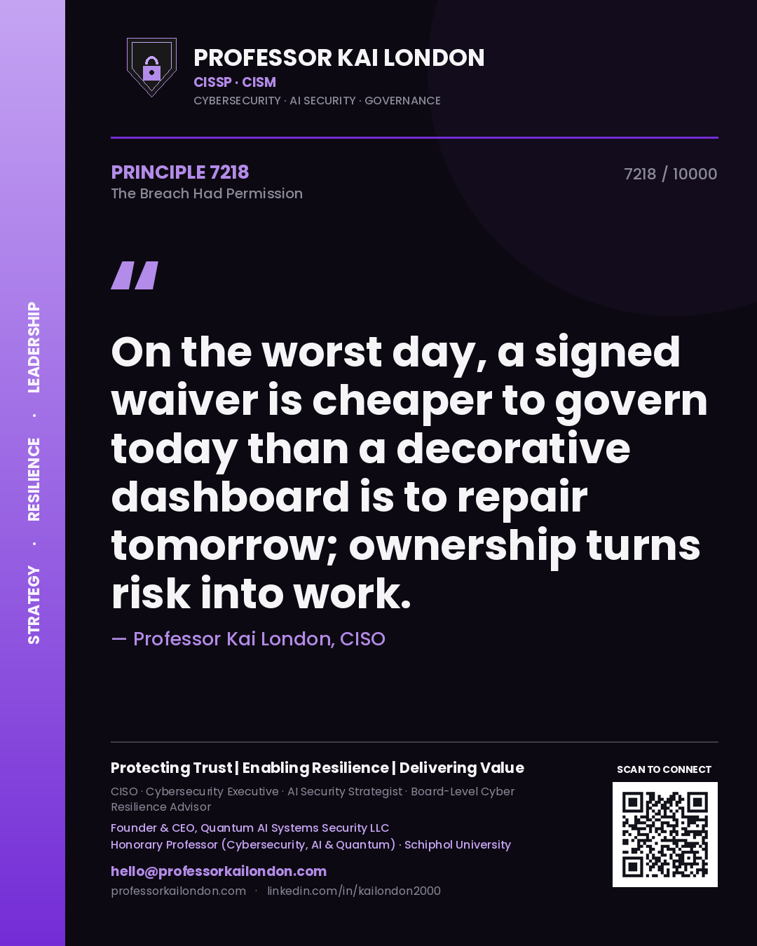 Professor Kai London principle 7218: On the worst day, a signed waiver is cheaper to govern today than a decorative dashboard is to repair tomorrow; ownership turns risk into work.