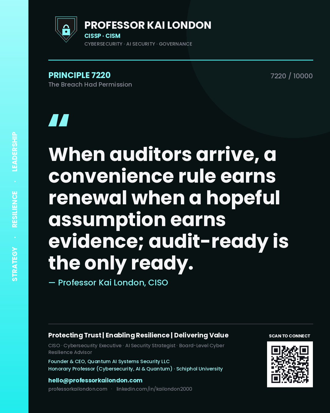 Quote card by Professor Kai London reading 'When auditors arrive, a convenience rule earns renewal when a hopeful assumption earns evidence; audit-ready is the only ready.'. From the book The Breach Had Permission.