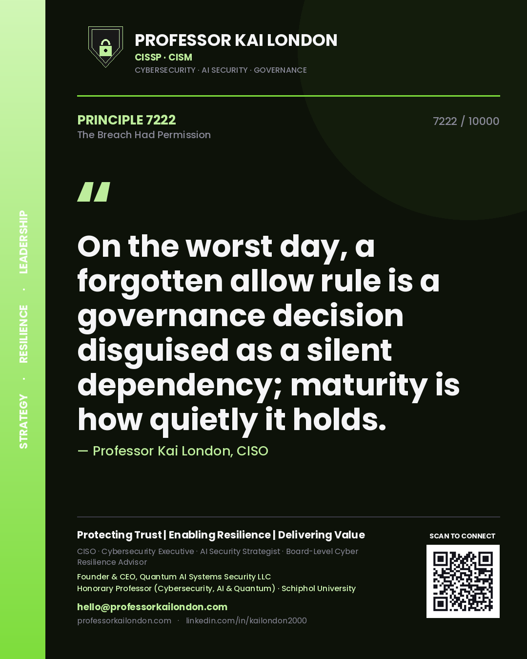 Professor Kai London principle 7222: On the worst day, a forgotten allow rule is a governance decision disguised as a silent dependency; maturity is how quietly it holds.