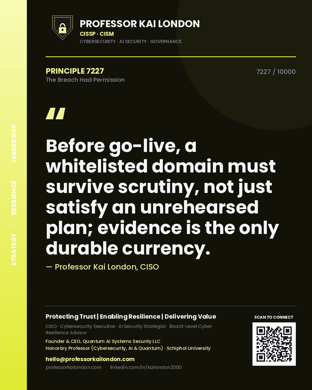 Quote card by Professor Kai London reading 'Before go-live, a whitelisted domain must survive scrutiny, not just satisfy an unrehearsed plan; evidence is the only durable currency.'. From the book The Breach Had Permission.