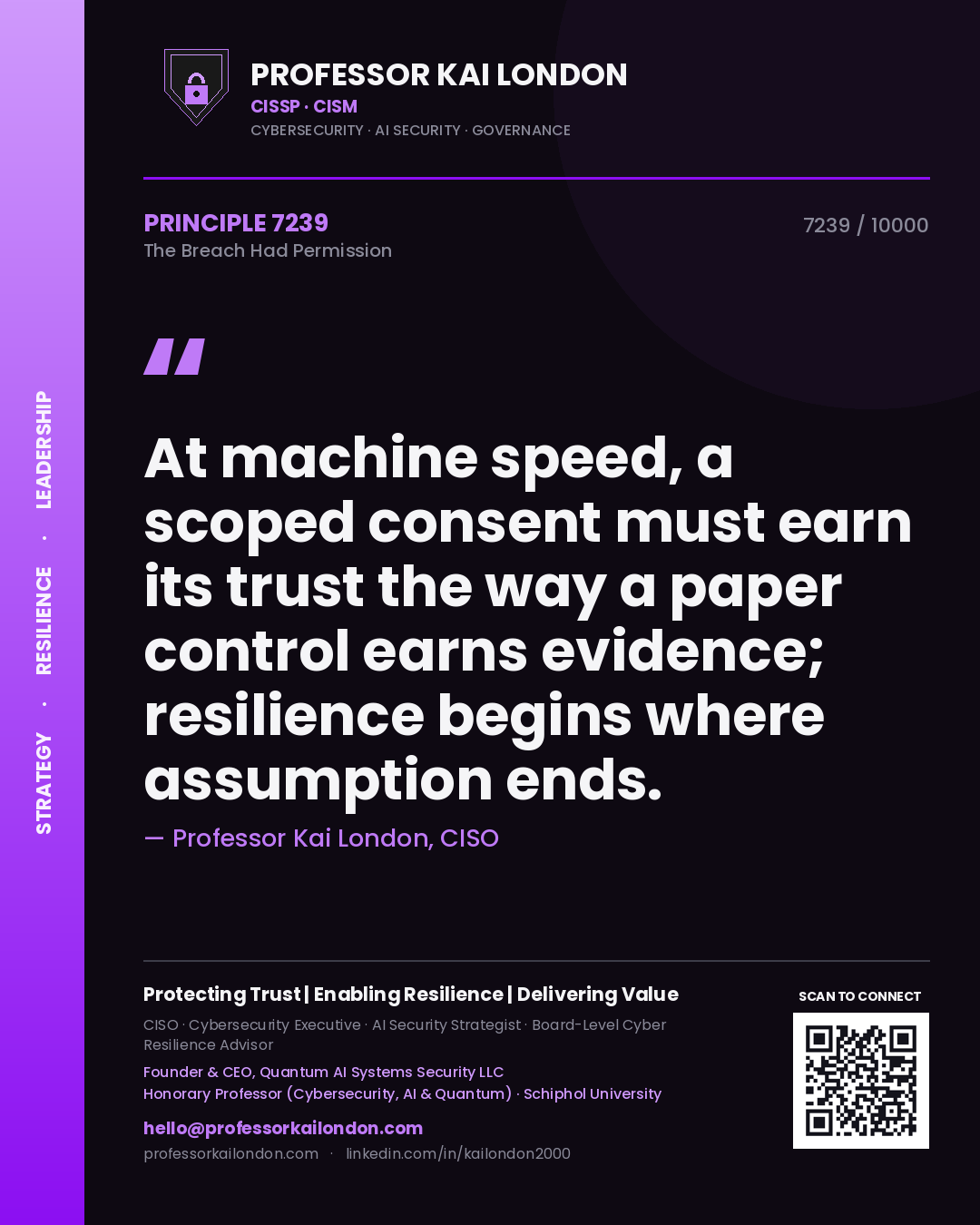 Professor Kai London principle 7239: At machine speed, a scoped consent must earn its trust the way a paper control earns evidence; resilience begins where assumption ends.