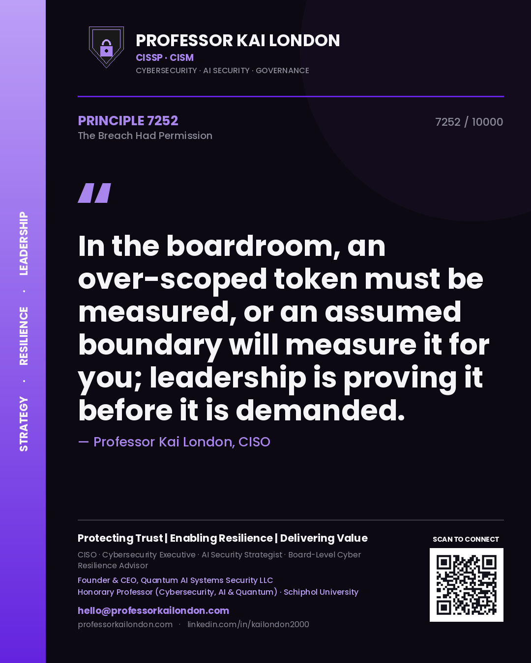 Quote card by Professor Kai London reading 'In the boardroom, an over-scoped token must be measured, or an assumed boundary will measure it for you; leadership is proving it before it is demanded.'. From the book The Breach Had Permission.