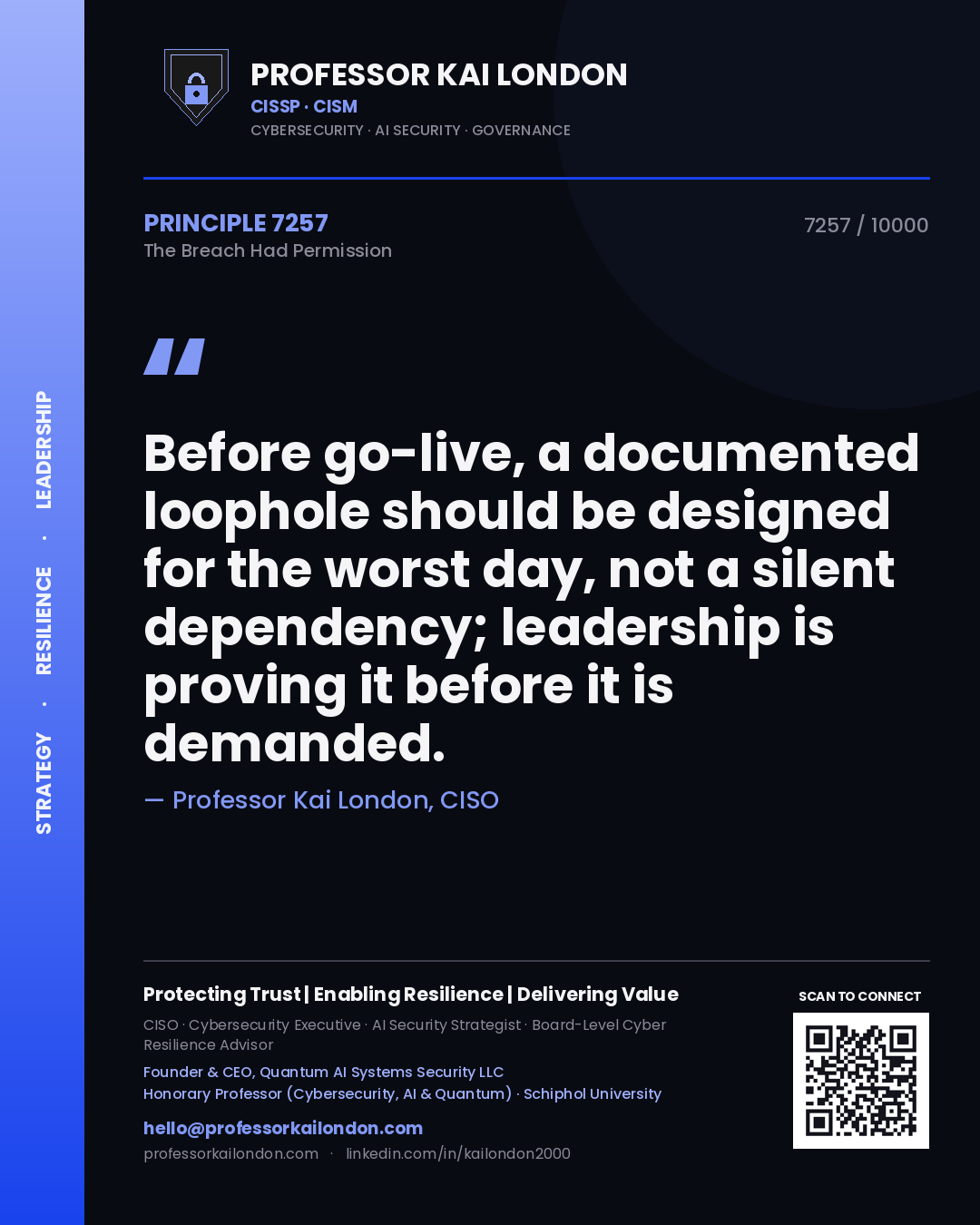 Quote card by Professor Kai London reading 'Before go-live, a documented loophole should be designed for the worst day, not a silent dependency; leadership is proving it before it is demanded.'. From the book The Breach Had Permission.