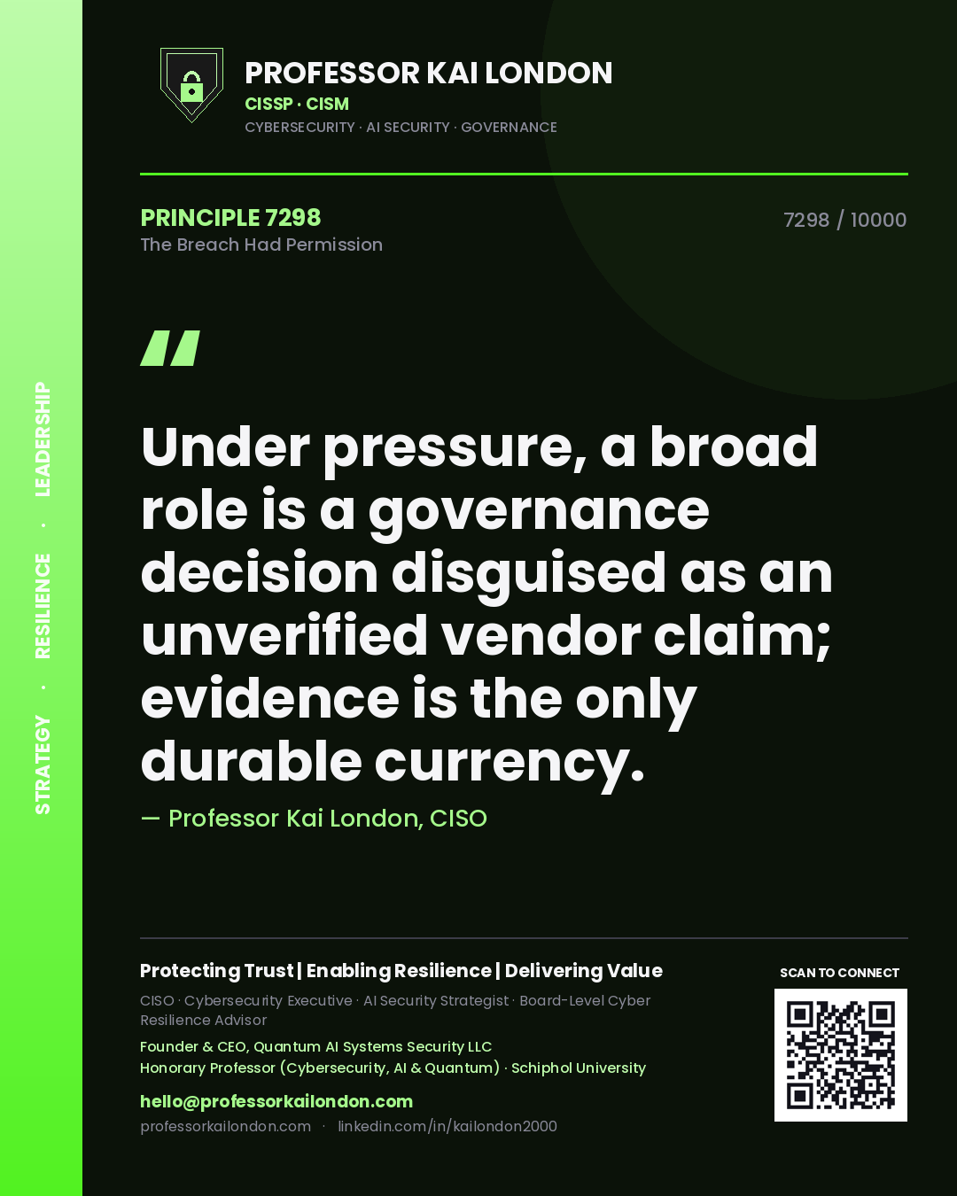 Professor Kai London principle 7298: Under pressure, a broad role is a governance decision disguised as an unverified vendor claim; evidence is the only durable currency.