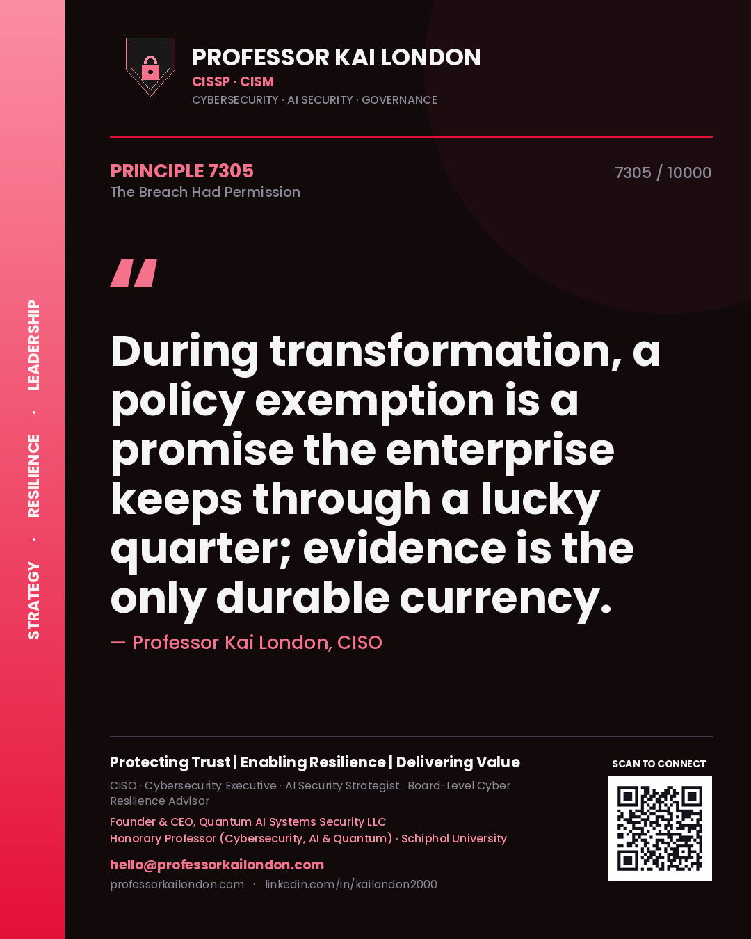 Professor Kai London principle 7305: During transformation, a policy exemption is a promise the enterprise keeps through a lucky quarter; evidence is the only durable currency.