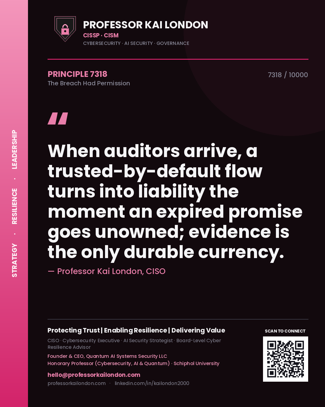 Professor Kai London principle 7318: When auditors arrive, a trusted-by-default flow turns into liability the moment an expired promise goes unowned; evidence is the only durable currency.