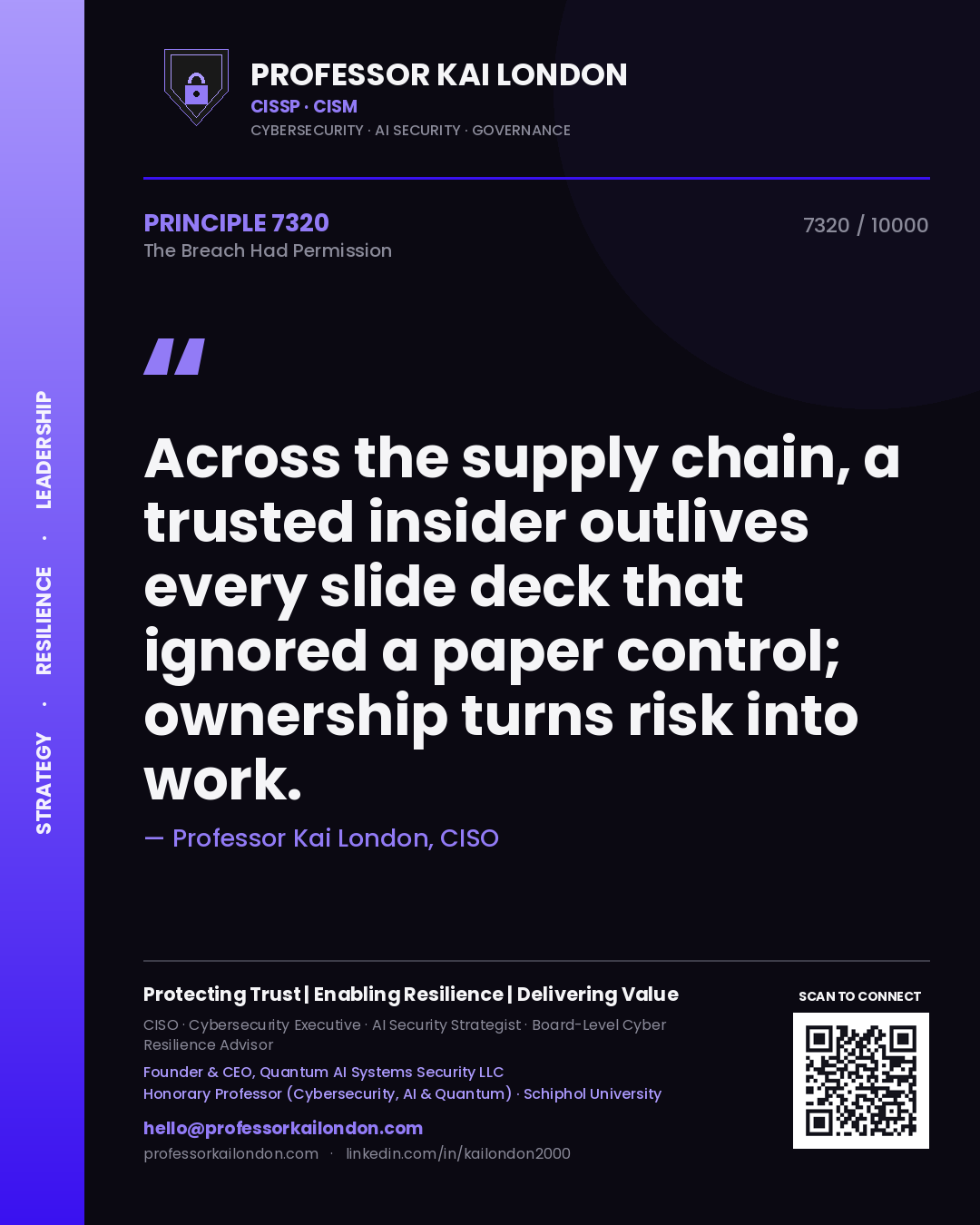 Quote card by Professor Kai London reading 'Across the supply chain, a trusted insider outlives every slide deck that ignored a paper control; ownership turns risk into work.'. From the book The Breach Had Permission.