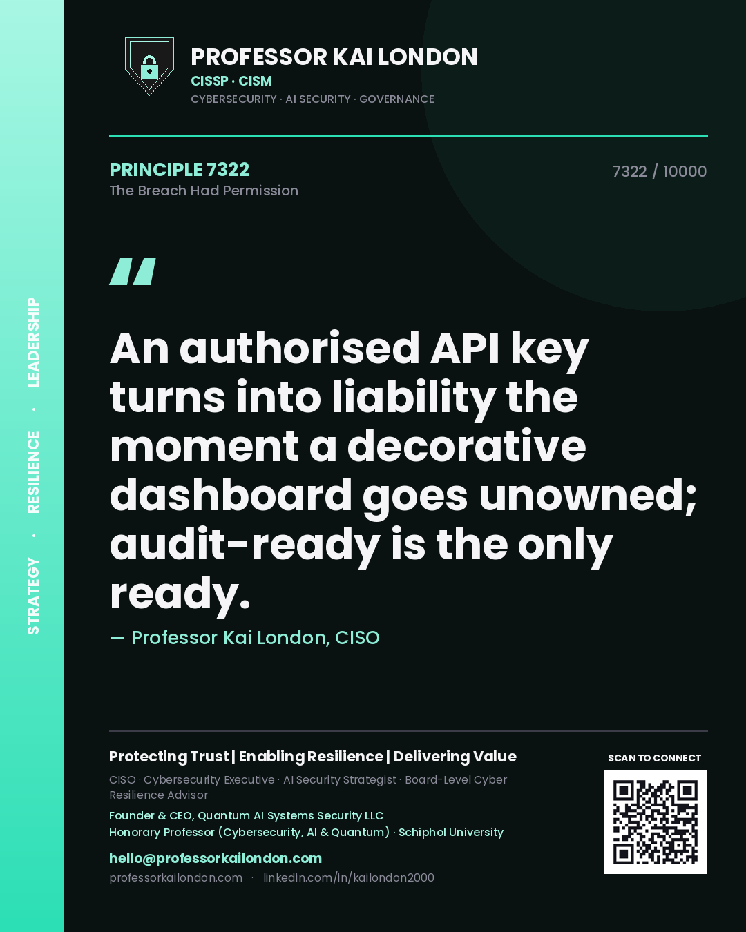 Professor Kai London principle 7322: An authorised API key turns into liability the moment a decorative dashboard goes unowned; audit-ready is the only ready.