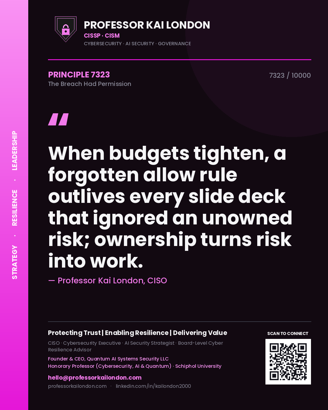 Professor Kai London principle 7323: When budgets tighten, a forgotten allow rule outlives every slide deck that ignored an unowned risk; ownership turns risk into work.