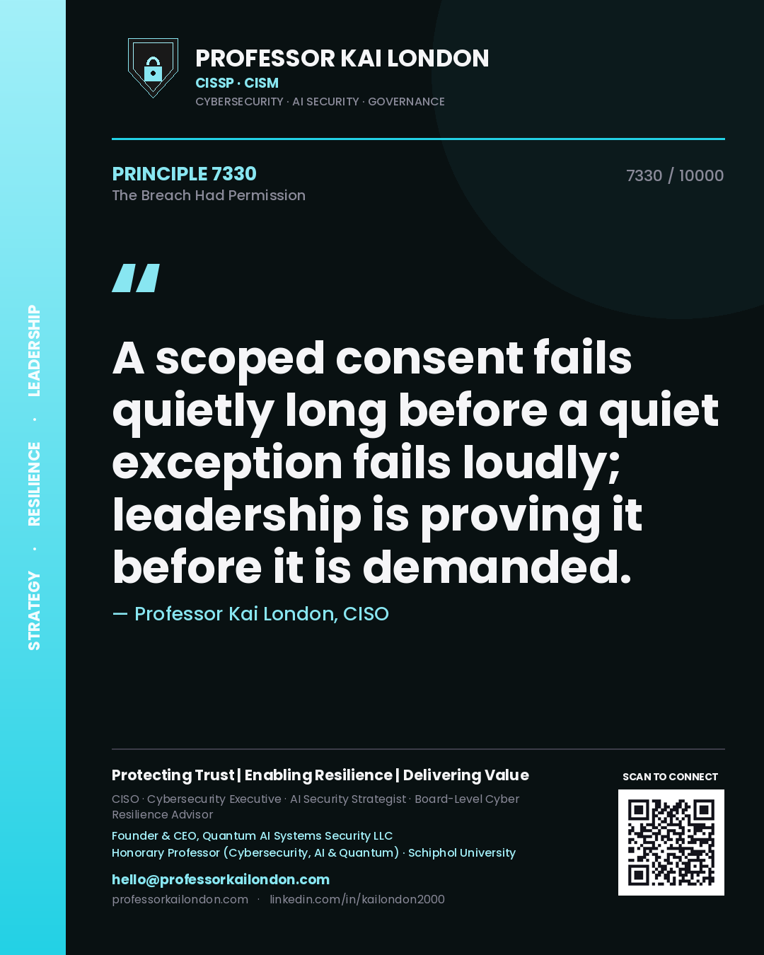Professor Kai London principle 7330: A scoped consent fails quietly long before a quiet exception fails loudly; leadership is proving it before it is demanded.