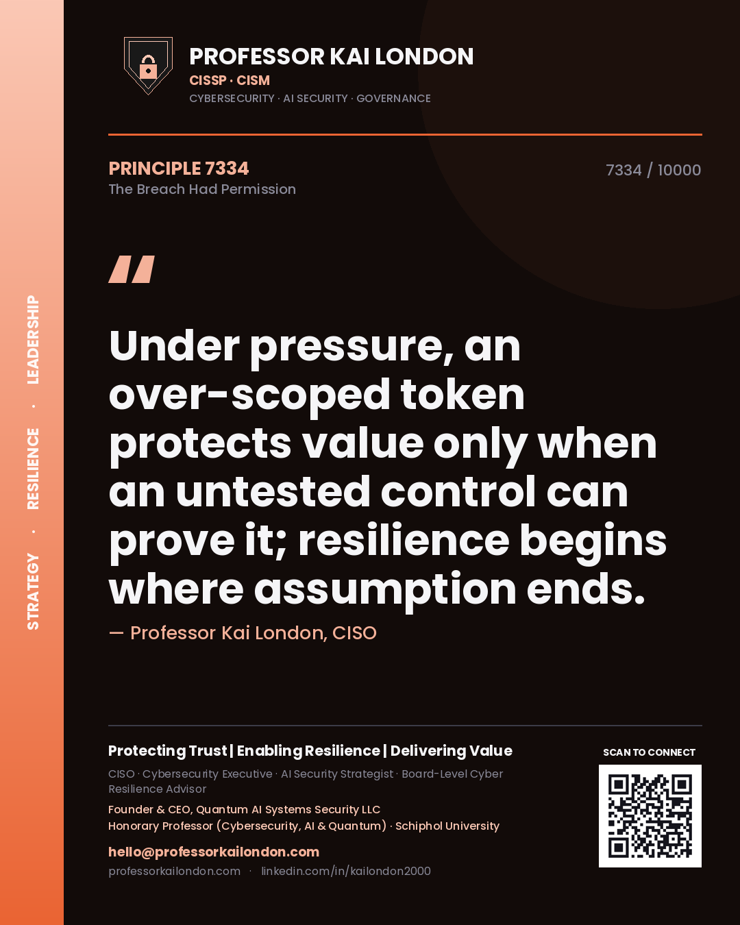 Professor Kai London principle 7334: Under pressure, an over-scoped token protects value only when an untested control can prove it; resilience begins where assumption ends.