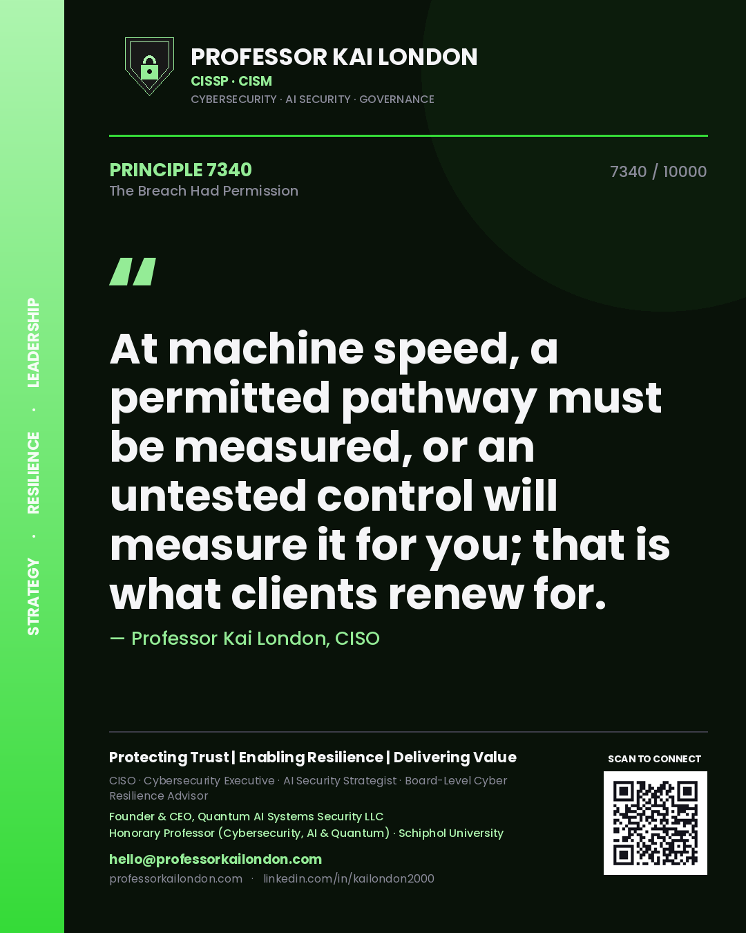 Professor Kai London principle 7340: At machine speed, a permitted pathway must be measured, or an untested control will measure it for you; that is what clients renew for.