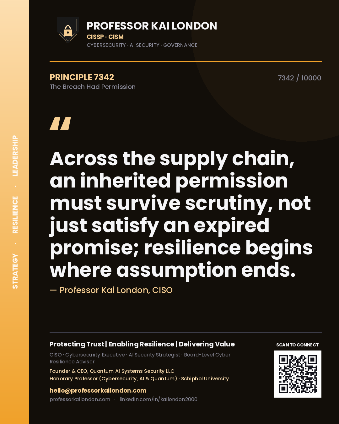 Quote card by Professor Kai London reading 'Across the supply chain, an inherited permission must survive scrutiny, not just satisfy an expired promise; resilience begins where assumption ends.'. From the book The Breach Had Permission.