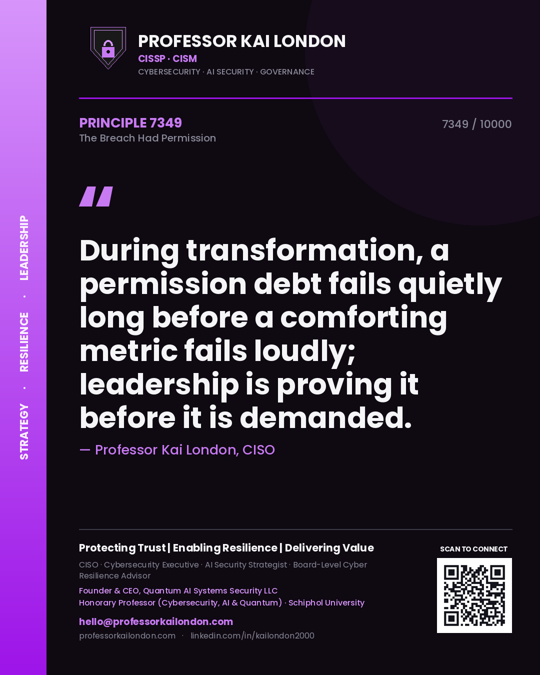 Professor Kai London principle 7349: During transformation, a permission debt fails quietly long before a comforting metric fails loudly; leadership is proving it before it is demanded.
