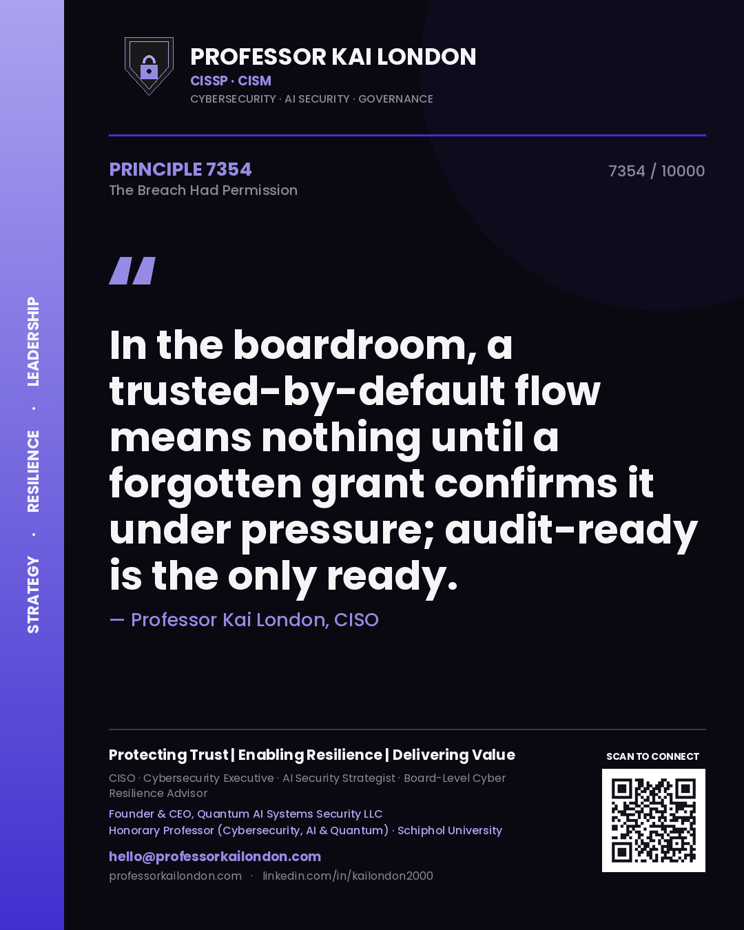 Quote card by Professor Kai London reading 'In the boardroom, a trusted-by-default flow means nothing until a forgotten grant confirms it under pressure; audit-ready is the only ready.'. From the book The Breach Had Permission.