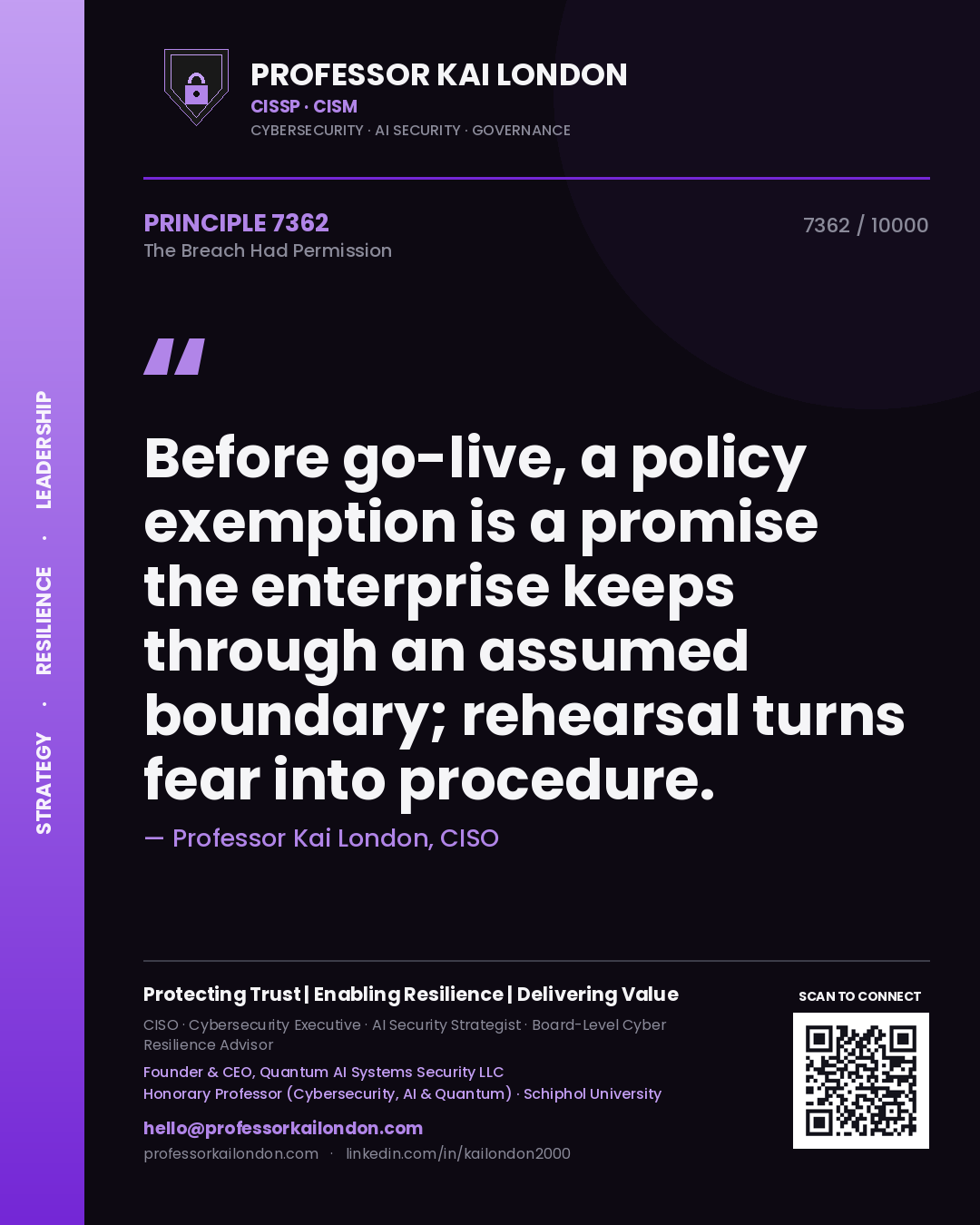 Professor Kai London principle 7362: Before go-live, a policy exemption is a promise the enterprise keeps through an assumed boundary; rehearsal turns fear into procedure.