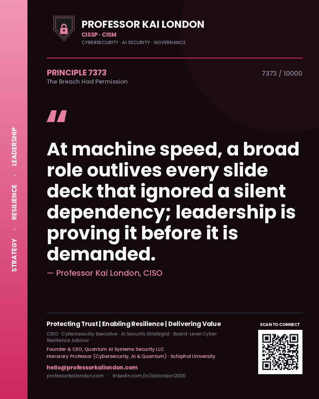 Professor Kai London principle 7373: At machine speed, a broad role outlives every slide deck that ignored a silent dependency; leadership is proving it before it is demanded.