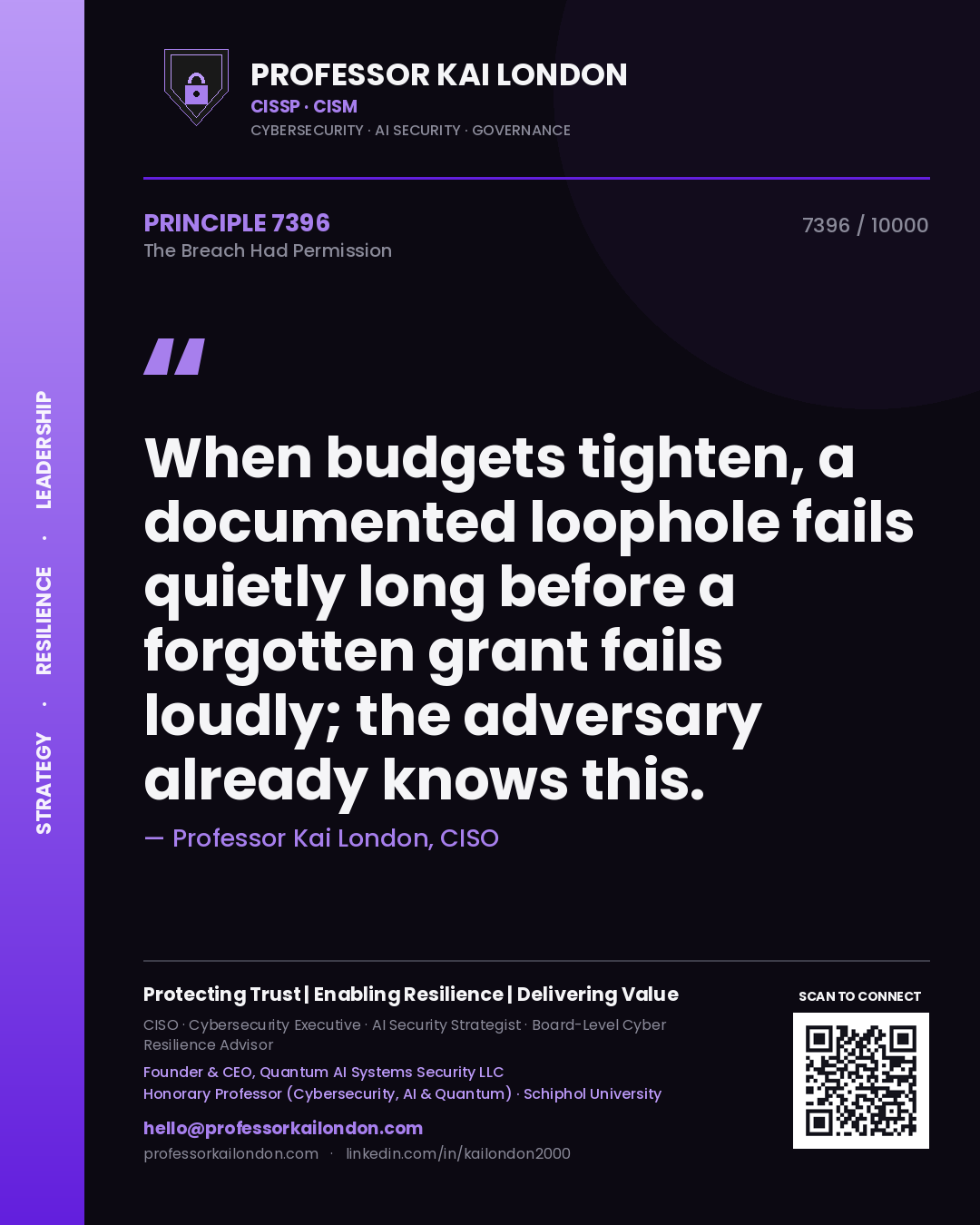 Professor Kai London principle 7396: When budgets tighten, a documented loophole fails quietly long before a forgotten grant fails loudly; the adversary already knows this.