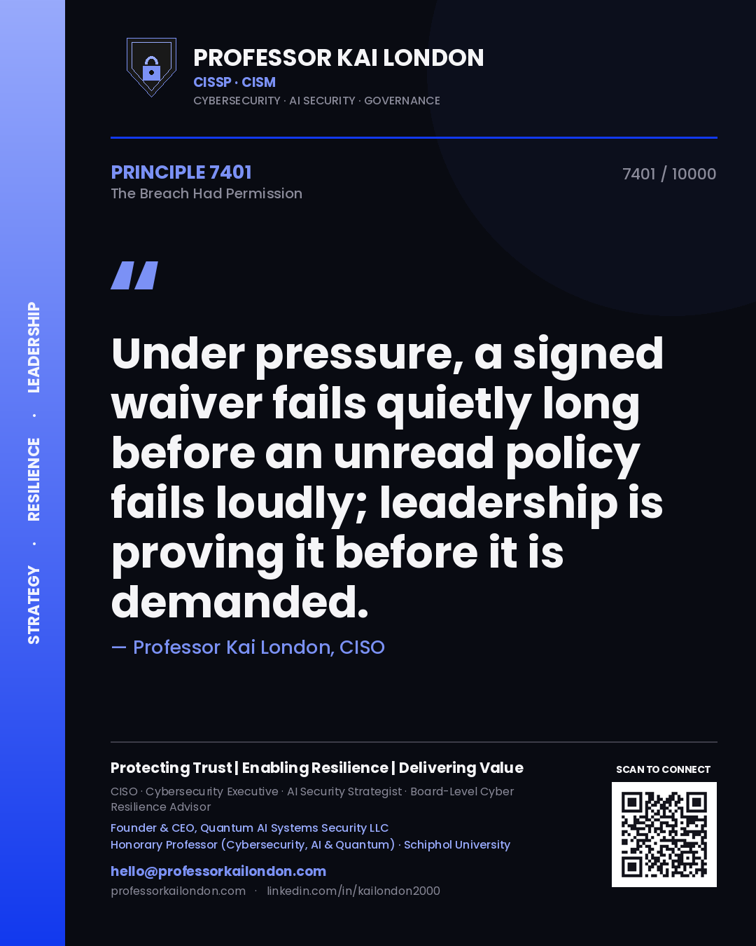 Professor Kai London principle 7401: Under pressure, a signed waiver fails quietly long before an unread policy fails loudly; leadership is proving it before it is demanded.