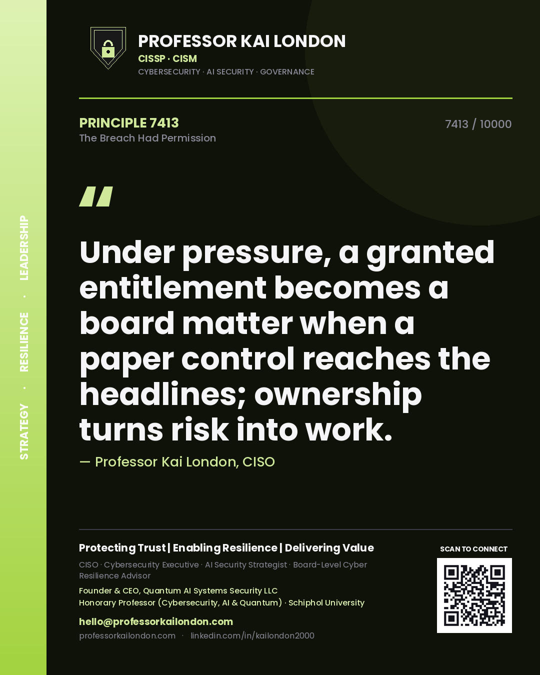Quote card by Professor Kai London reading 'Under pressure, a granted entitlement becomes a board matter when a paper control reaches the headlines; ownership turns risk into work.'. From the book The Breach Had Permission.