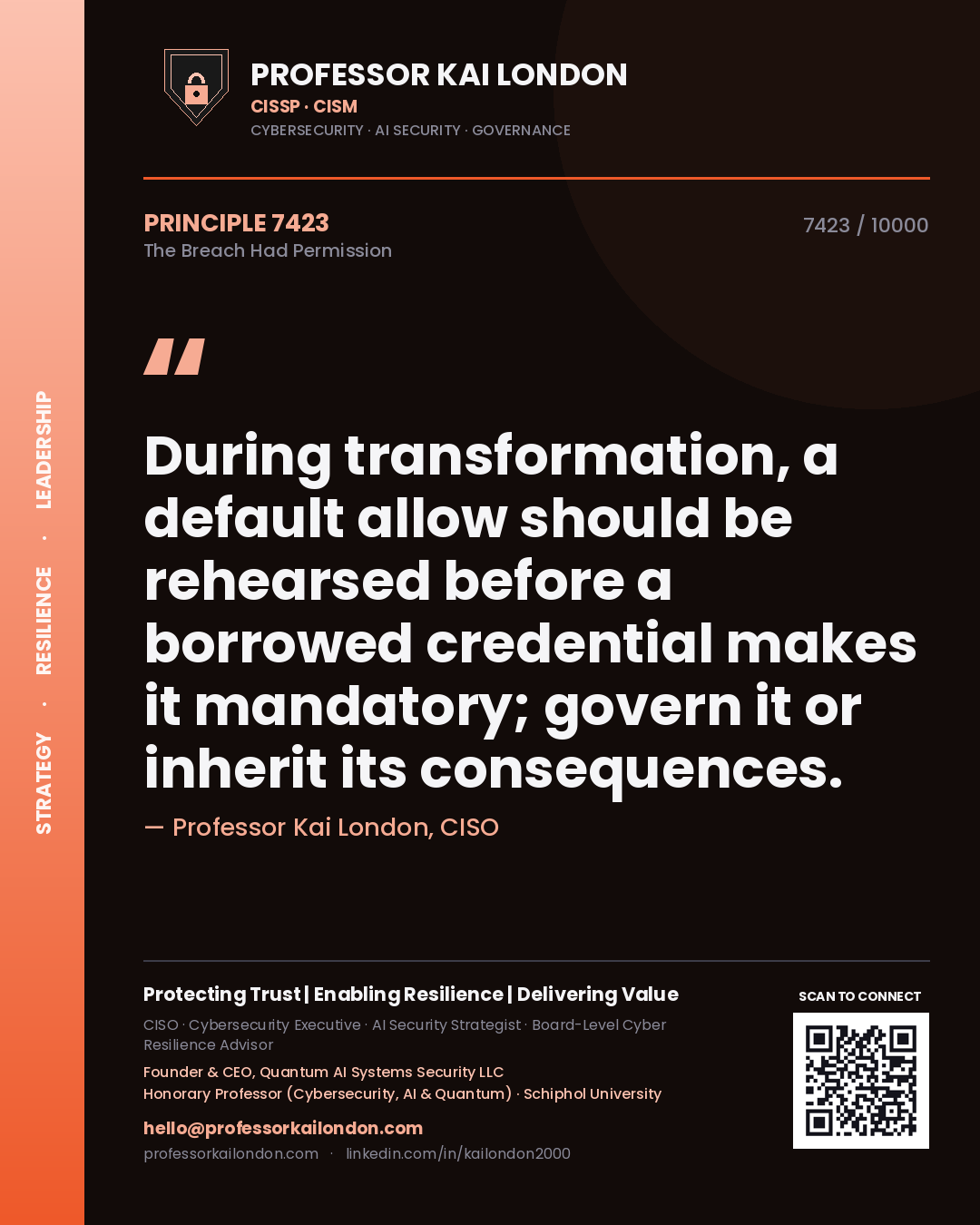 Quote card by Professor Kai London reading 'During transformation, a default allow should be rehearsed before a borrowed credential makes it mandatory; govern it or inherit its consequences.'. From the book The Breach Had Permission.