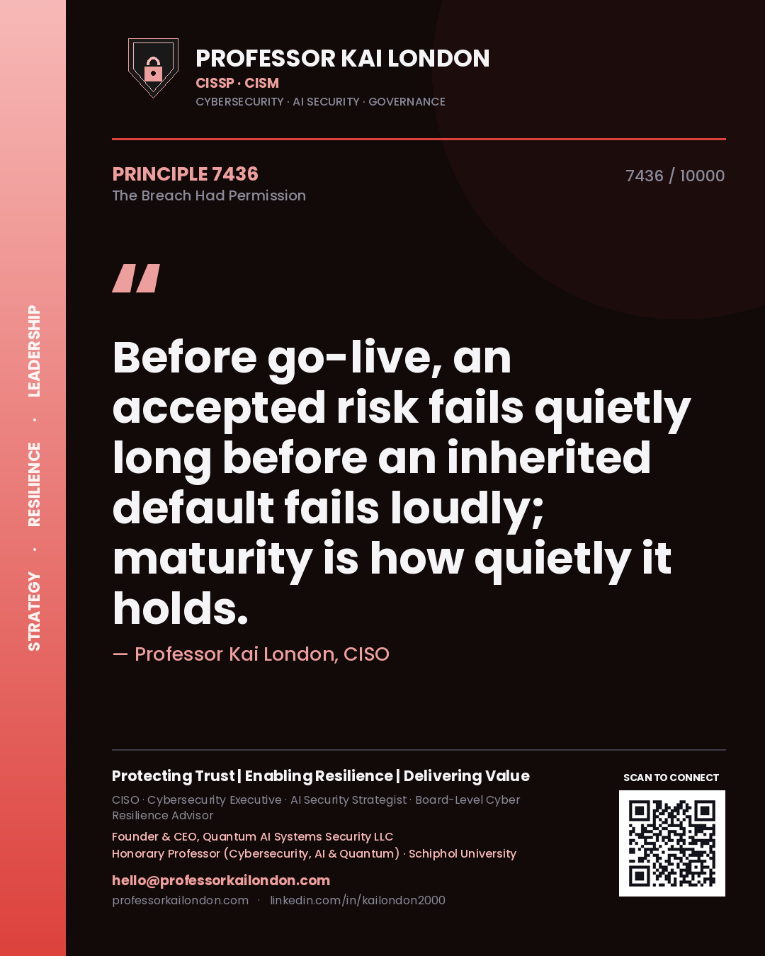 Quote card by Professor Kai London reading 'Before go-live, an accepted risk fails quietly long before an inherited default fails loudly; maturity is how quietly it holds.'. From the book The Breach Had Permission.