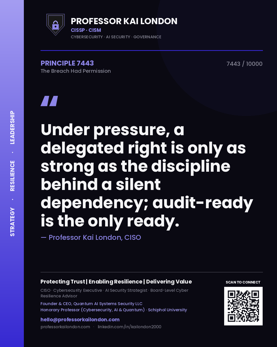 Quote card by Professor Kai London reading 'Under pressure, a delegated right is only as strong as the discipline behind a silent dependency; audit-ready is the only ready.'. From the book The Breach Had Permission.