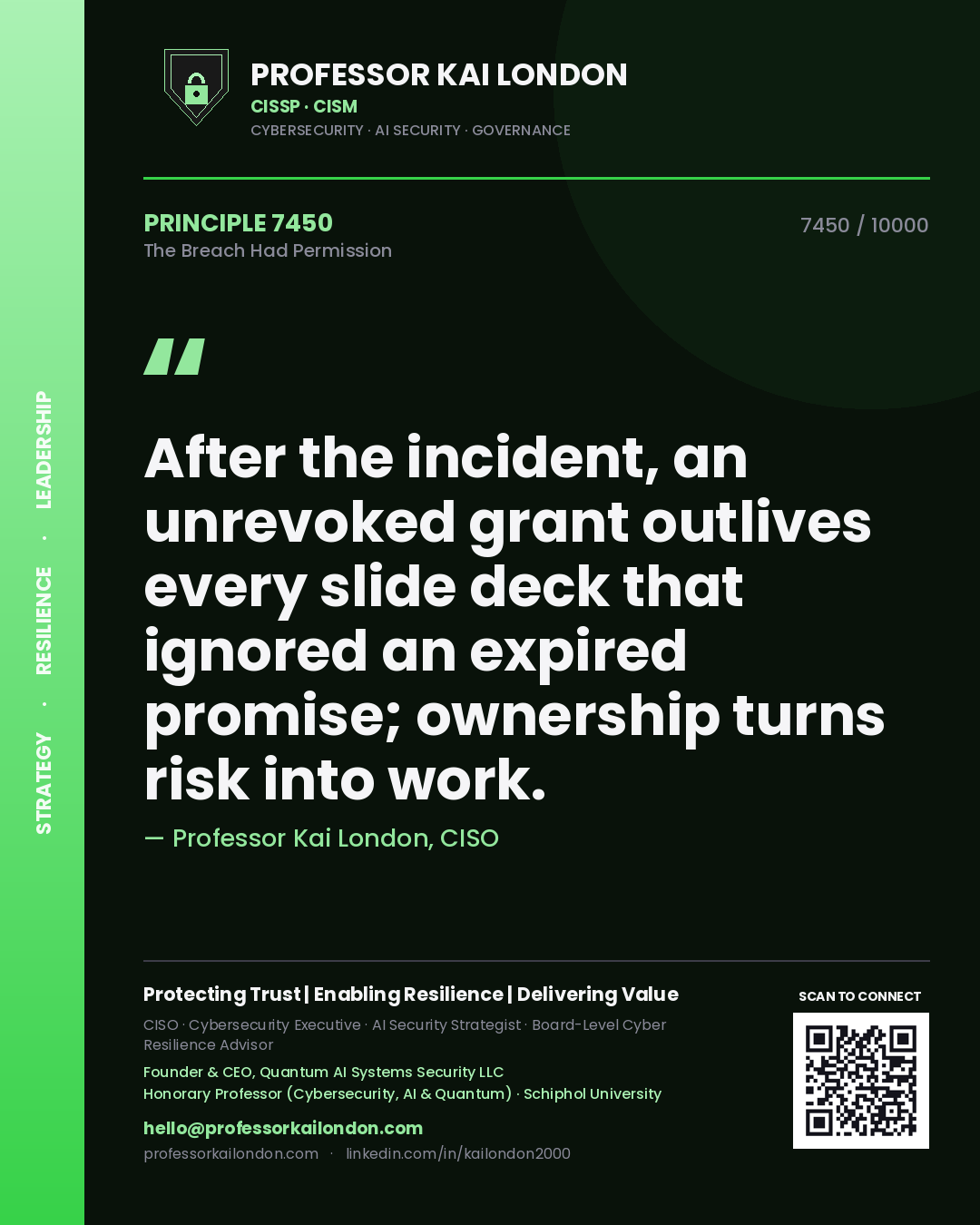 Quote card by Professor Kai London reading 'After the incident, an unrevoked grant outlives every slide deck that ignored an expired promise; ownership turns risk into work.'. From the book The Breach Had Permission.
