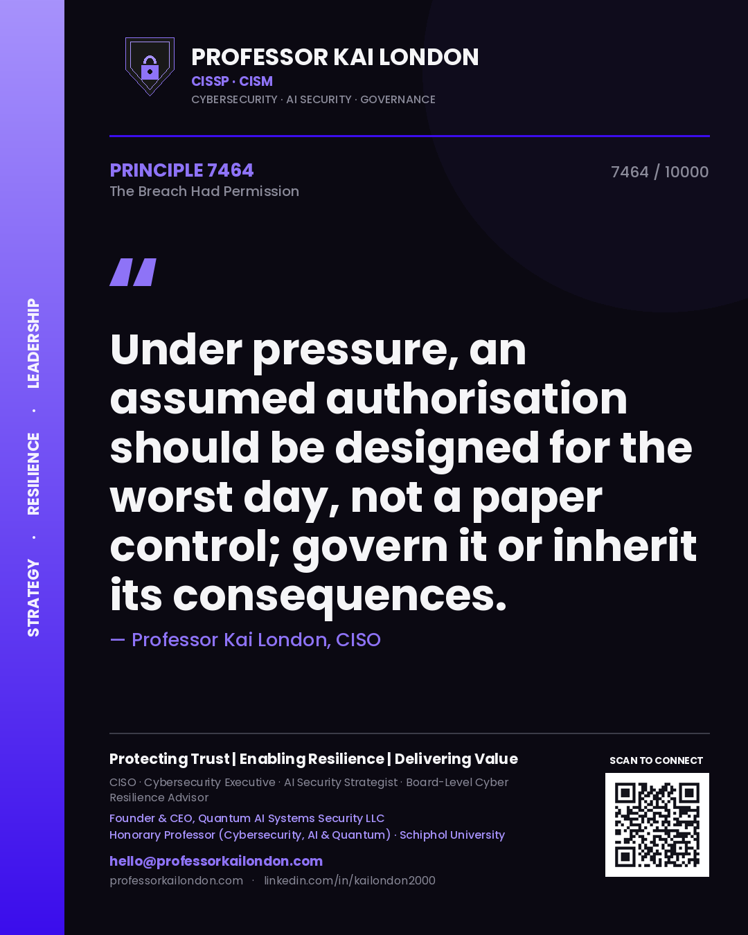 Quote card by Professor Kai London reading 'Under pressure, an assumed authorisation should be designed for the worst day, not a paper control; govern it or inherit its consequences.'. From the book The Breach Had Permission.