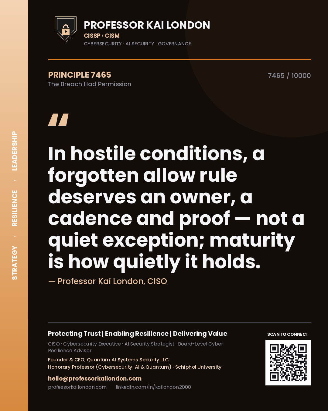Professor Kai London principle 7465: In hostile conditions, a forgotten allow rule deserves an owner, a cadence and proof — not a quiet exception; maturity is how quietly it holds.