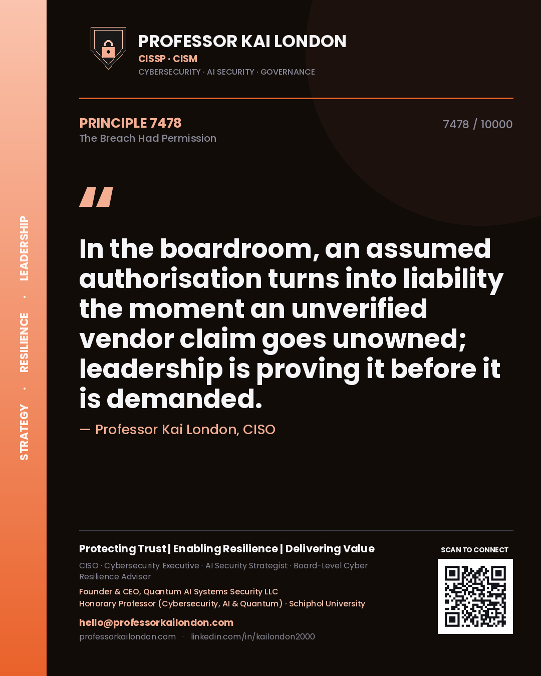 Professor Kai London principle 7478: In the boardroom, an assumed authorisation turns into liability the moment an unverified vendor claim goes unowned; leadership is proving it before it is demanded.