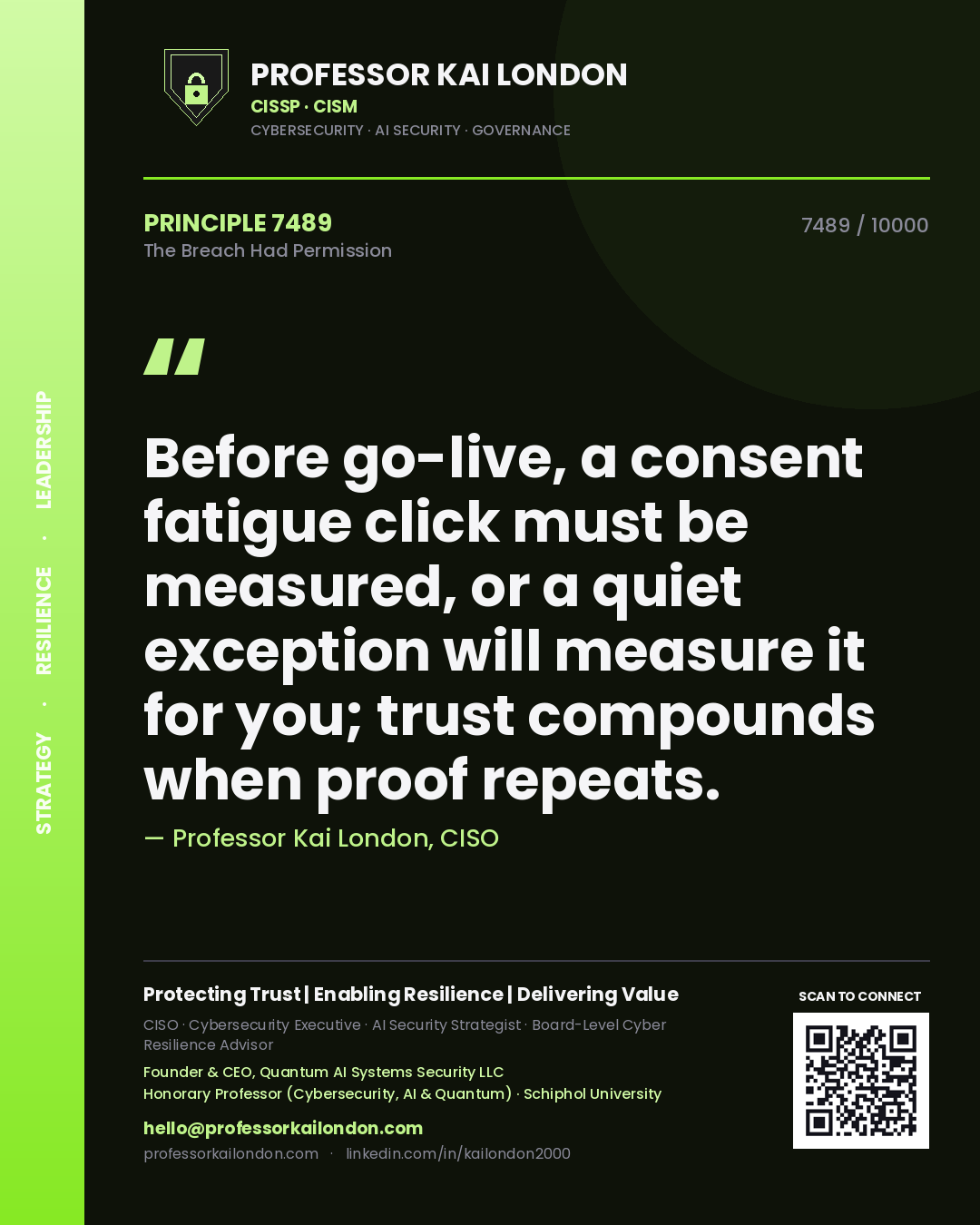Quote card by Professor Kai London reading 'Before go-live, a consent fatigue click must be measured, or a quiet exception will measure it for you; trust compounds when proof repeats.'. From the book The Breach Had Permission.