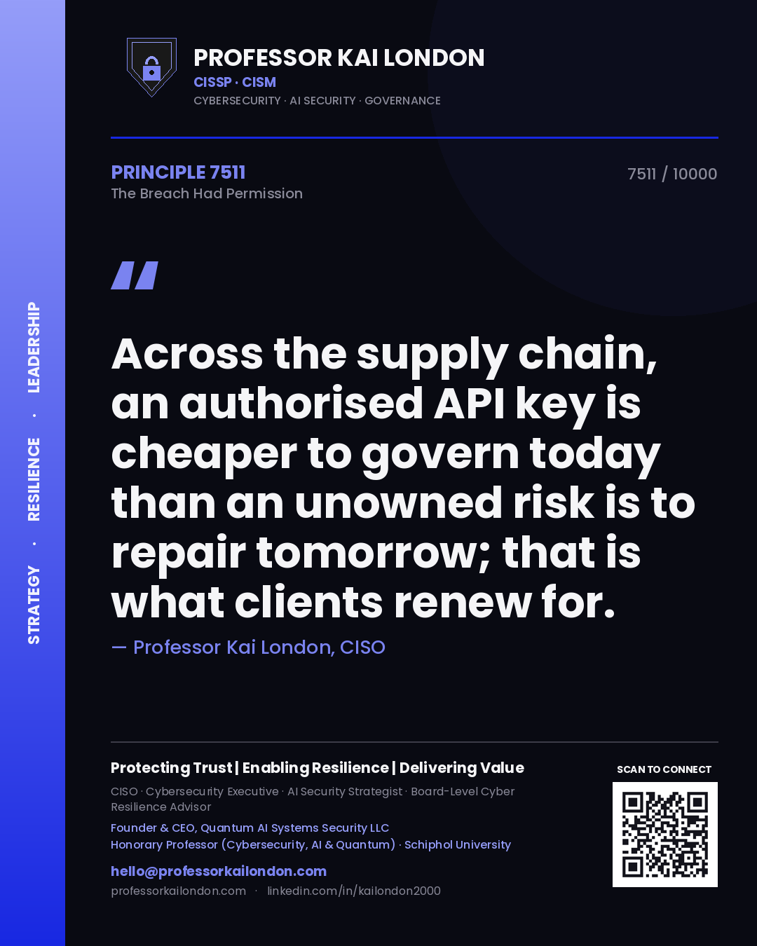 Quote card by Professor Kai London reading 'Across the supply chain, an authorised API key is cheaper to govern today than an unowned risk is to repair tomorrow; that is what clients renew for.'. From the book The Breach Had Permission.