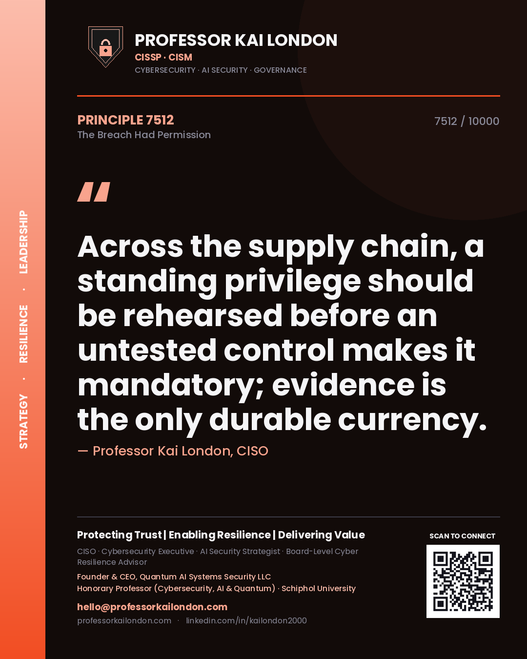 Professor Kai London principle 7512: Across the supply chain, a standing privilege should be rehearsed before an untested control makes it mandatory; evidence is the only durable currency.
