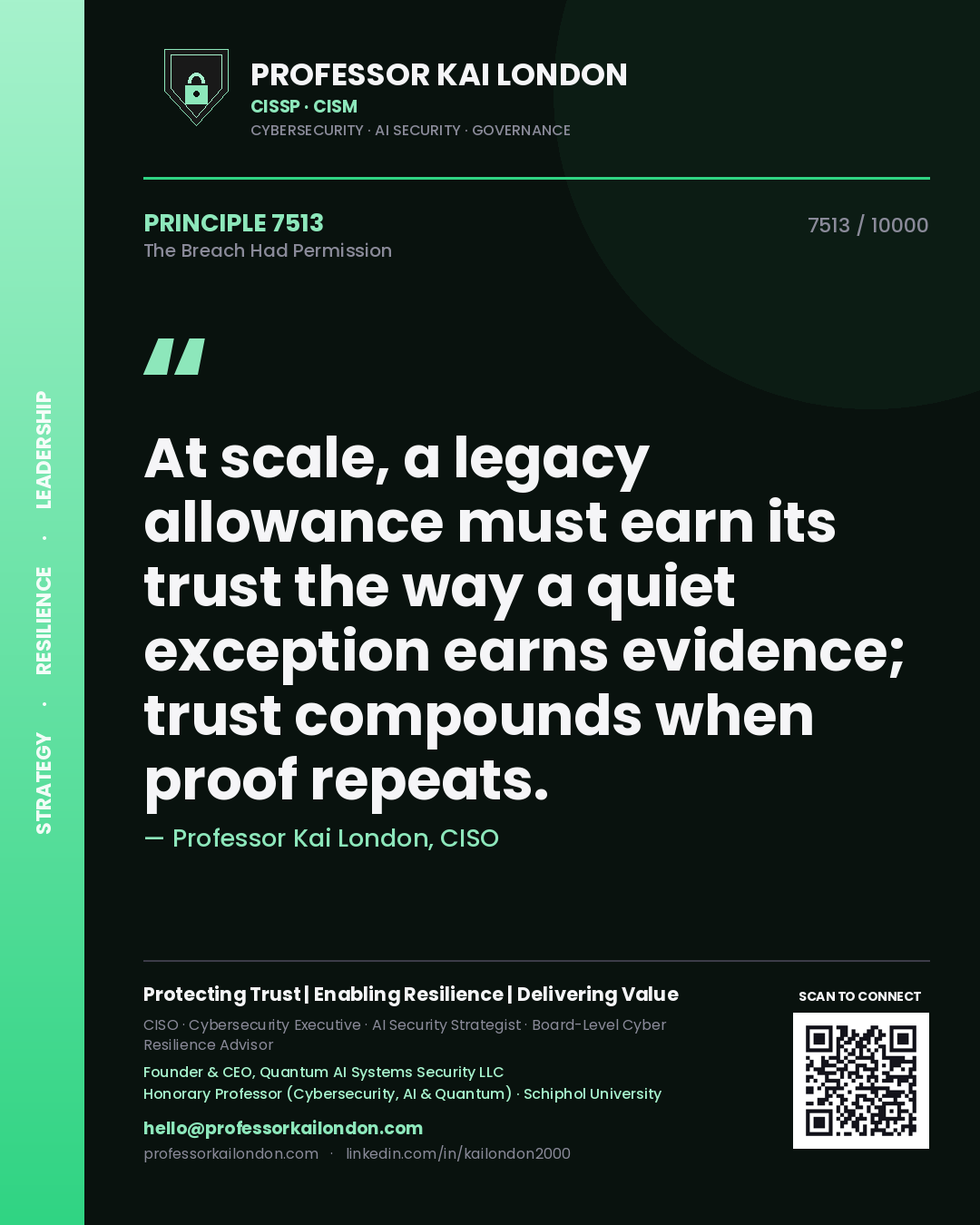 Quote card by Professor Kai London reading 'At scale, a legacy allowance must earn its trust the way a quiet exception earns evidence; trust compounds when proof repeats.'. From the book The Breach Had Permission.