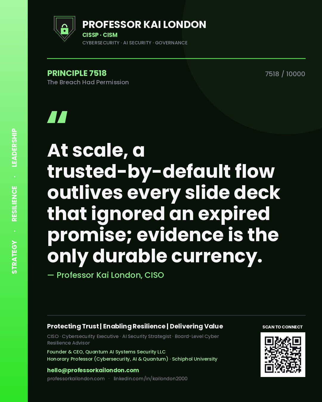 Quote card by Professor Kai London reading 'At scale, a trusted-by-default flow outlives every slide deck that ignored an expired promise; evidence is the only durable currency.'. From the book The Breach Had Permission.