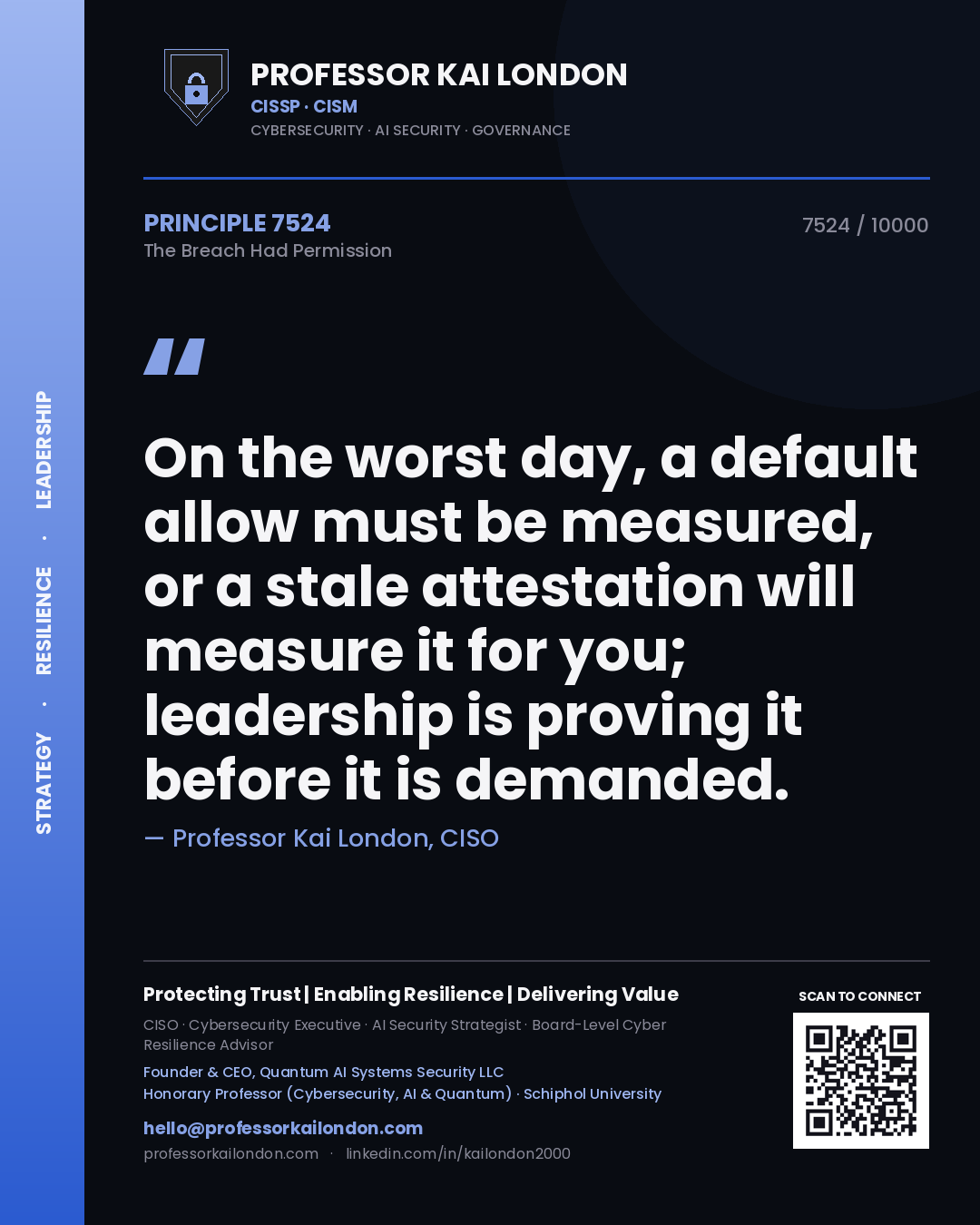 Professor Kai London principle 7524: On the worst day, a default allow must be measured, or a stale attestation will measure it for you; leadership is proving it before it is demanded.