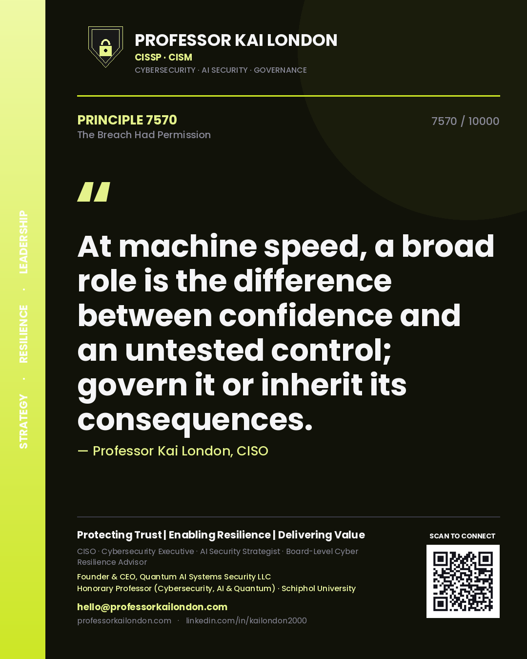 Professor Kai London principle 7570: At machine speed, a broad role is the difference between confidence and an untested control; govern it or inherit its consequences.