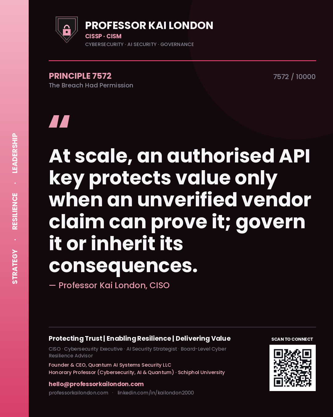 Professor Kai London principle 7572: At scale, an authorised API key protects value only when an unverified vendor claim can prove it; govern it or inherit its consequences.