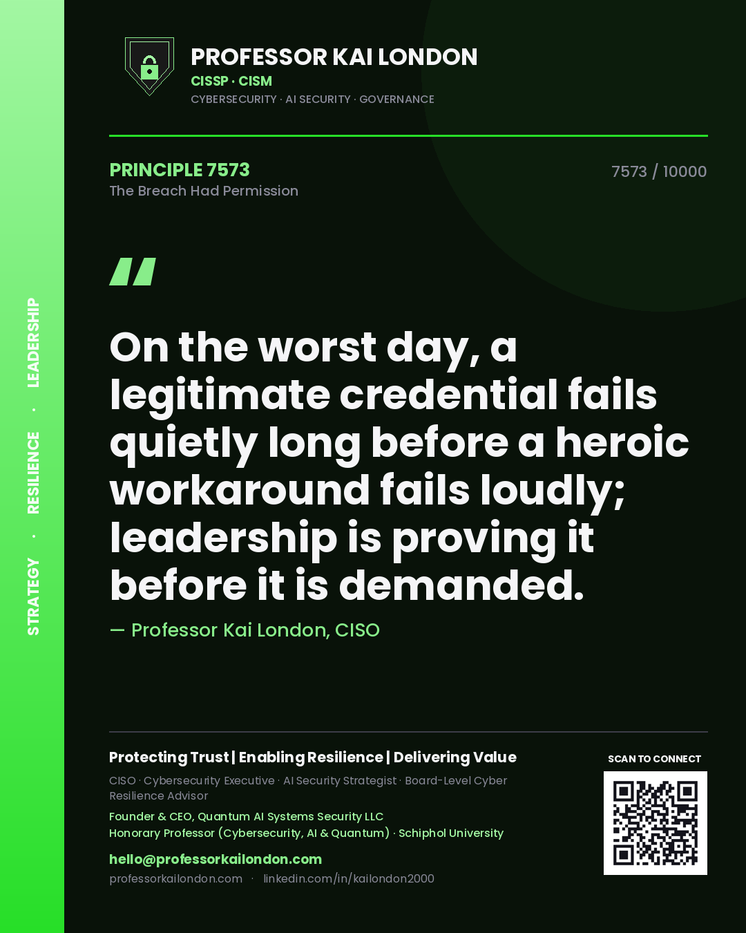 Professor Kai London principle 7573: On the worst day, a legitimate credential fails quietly long before a heroic workaround fails loudly; leadership is proving it before it is demanded.