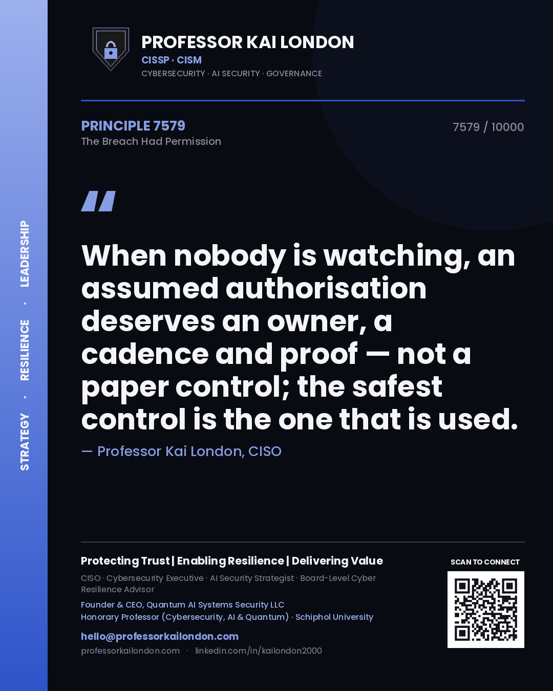 Professor Kai London principle 7579: When nobody is watching, an assumed authorisation deserves an owner, a cadence and proof — not a paper control; the safest control is the one that is used.