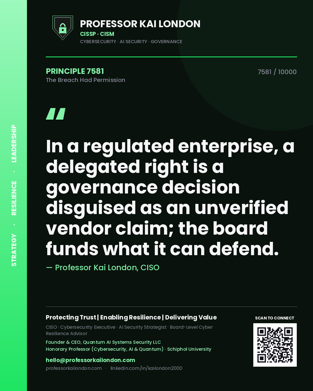 Quote card by Professor Kai London reading 'In a regulated enterprise, a delegated right is a governance decision disguised as an unverified vendor claim; the board funds what it can defend.'. From the book The Breach Had Permission.